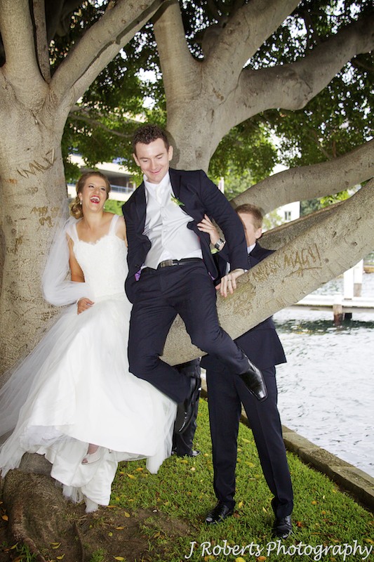 Groom trying to climb a tree and bride laughing - wedding photography sydney